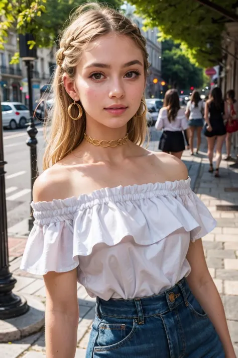 Greek  1girl, intricate details, earrings, upper body, bokeh, dappled sunlight, blonde, off shoulder, high-waist skirt, choker, ...