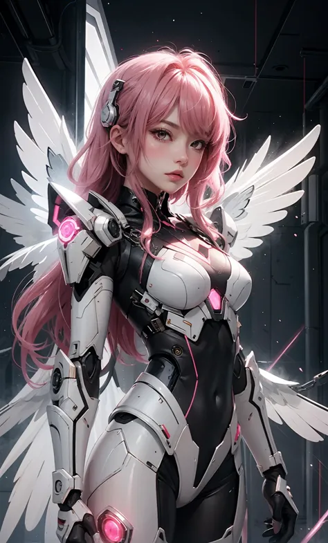 a woman in a futuristic suit with wings and a pink hair