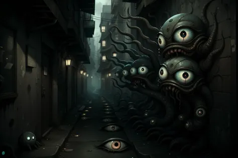 eerie , no humans, <lora:DreadTech-20:0.2> dreadtech , disturbing, scifi, <lora:ManyEyedHorrorAI-000011:0.8> ManyEyedHorrorAI, ,city,( alleyway with eyes:1.2)