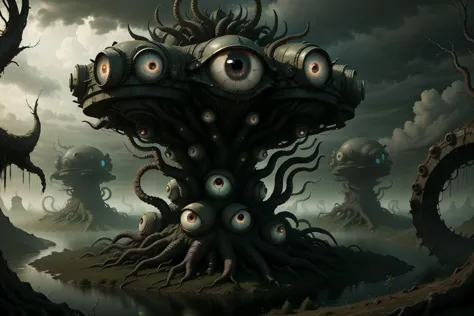 eerie landscape with embedded eyes , (eyes :1.2), eyes trees , rivers , no humans, <lora:DreadTech-20:0.2> dreadtech , disturbin...