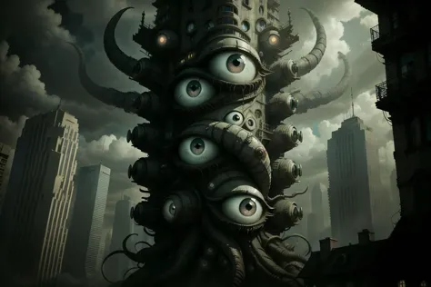 there is a tall tower with many eyes on it