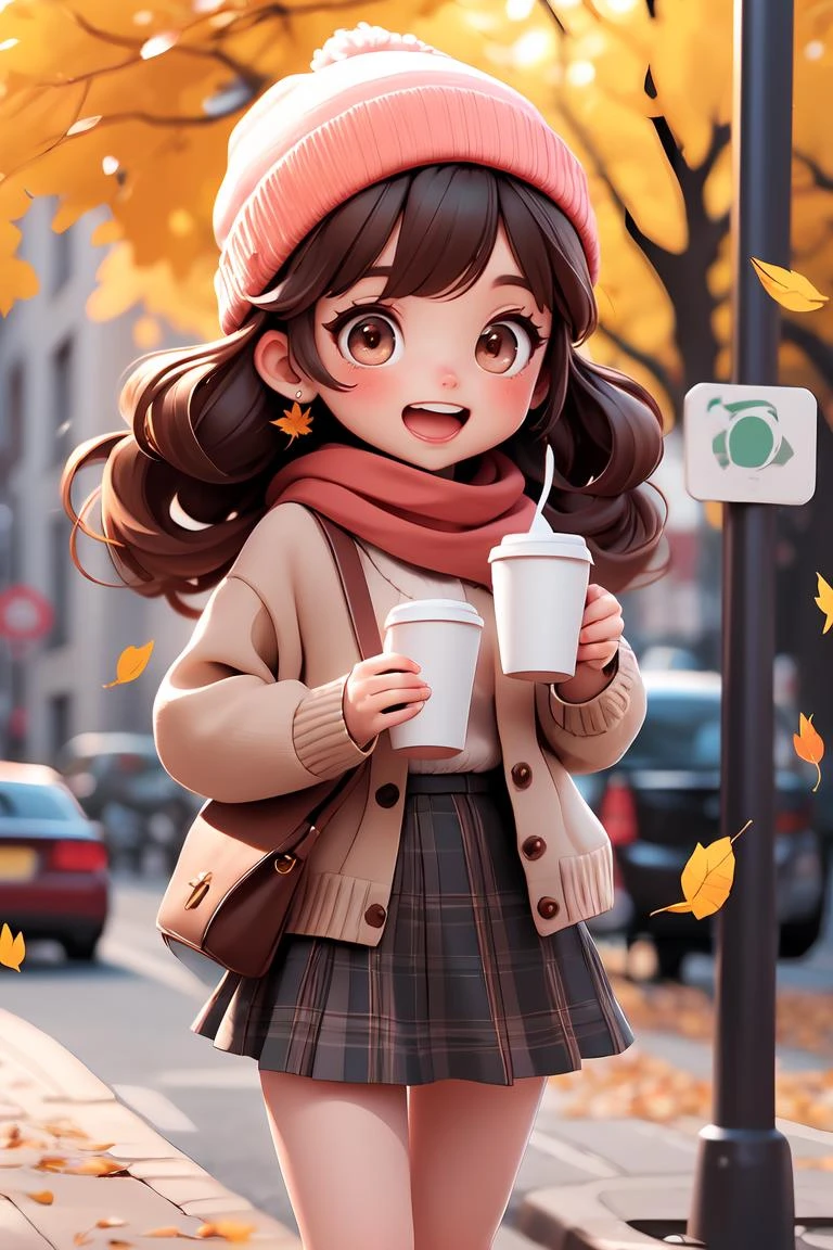 extremely detailed, intricate, masterpiece, absurdres,1girl, (\:d:1.0) autumn leaves, chibi,bangs, black headwear, blurry background, blush, brown eyes, brown hair, brown scarf, brown skirt, cardigan, cowboy shot, falling leaves, beanie, holding, holding coffee disposable cup, leaf, long hair, long sleeves, looking at viewer, open cardigan, open mouth, plaid skirt, puffy long sleeves, red sweater, scarf, shirt tucked in, sidelocks, skirt, smile, solo, sweater, white shirt, ï¼Coffee shop street scene