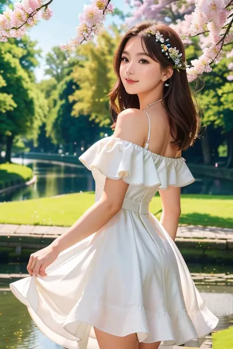 a woman in a white dress standing in front of a pond