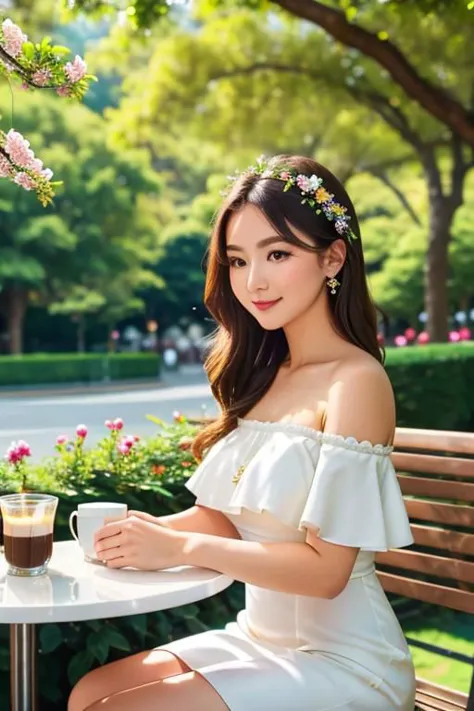 1girl, white dress, off shoulders, close-up-view, intricate details, sharp focus, high resolution, sitting in the cafe, with coffee, the background of beautiful flower park with trees,