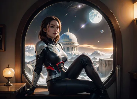 a woman sitting on a chair in front of a large window with a view of a fiery red and blue star, Eve Ryder, mass effect, concept ...