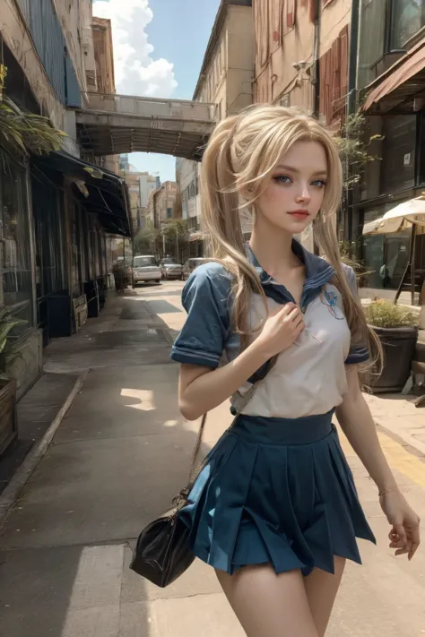 a close up of a woman walking down a street with a purse