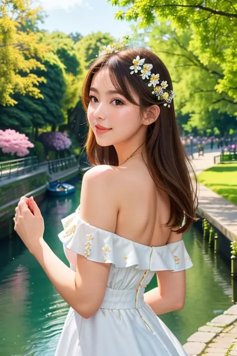 1girl, white dress, off shoulders, close-up-view, intricate details, sharp focus, high resolution, the background of beautiful flower park with trees and canals, beautiful sunny day,