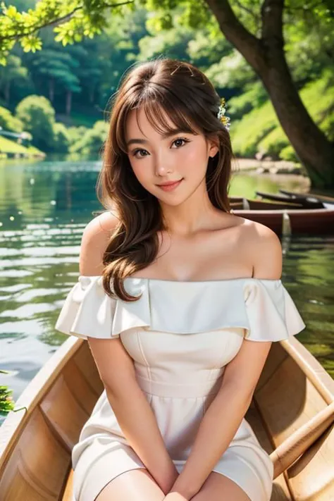 1girl, white dress, off shoulders, close-up-view, intricate details, sharp focus, high resolution, sitting on a canoe, the background of beautiful flower park with trees,