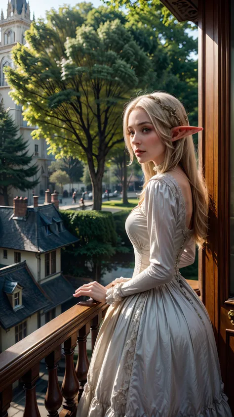 A portrait of an (elven woman:1.25) wearing a beautiful high quality Victorian dress, standing on a mansion balcony waving, Vict...