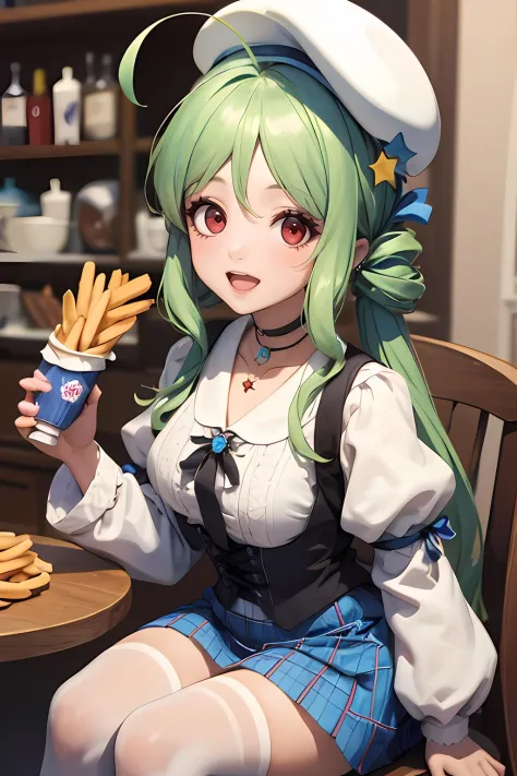 masterpiece, higher,highly detailed, absurdres, 1girl, solo, AzlaComet,green hair, long hair, ahoge,white hat,beret,red eyes,choker,plaid skirt,blue skirt,long sleeves, puffy sleeves, hair ornament, star \(symbol\),ribbon,jewelry,thighhighs,smile,open mouth, fish and chips, across table,sitting on chair,