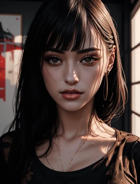 beautiful woman,cleavage,curvy,wet black hair,solo,((art by sciamano240)),masterpiece,detailed,realistic, red eyes,fFaceDetail,<lora:redlikerosesv3:0.6>