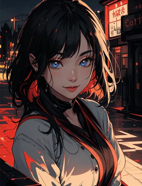 anime girl with blue eyes standing in the street at night