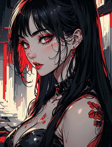 a woman with long black hair and red eyes in a black dress