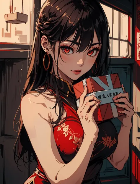 a Chinese woman wearing a cheongsam, (((masterpiece))), ((best quality)), ((intricate detailed)), ((Hyperrealistic)), absurd res, milf, mature woman, perspective, (Pretending to hold a heavy box:1.3), highly detailed, illustration, 1girl, ((large breasts)), cleavage, perfect hands, detailed fingers, beautiful detailed red eyes, updo hair, brown eyes,(chinese dress:1.2), earrings, detailed background, perfect eyes, seductive eyes, looking at the viewer, from front
OverallDetail<lora:redlikerosesv3:0.45>