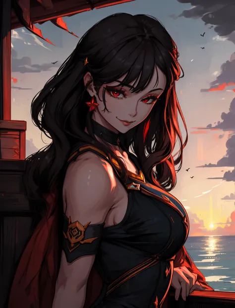 a beautiful glamorous young swedish warropr, 27 years old, beautiful Chestnut hair, smiling, Primary red eyes, bright day,morning, spring, slim figure, leather armor,beach, bow on her back, hair ornament,intricate, highly detailed, dramatic lighting, league of legends concept art, Ayako Rokkaku<lora:redlikerosesv3:0.55>,