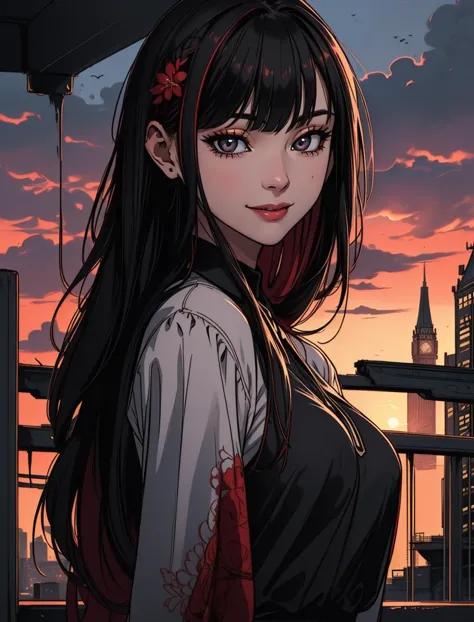 (masterpiece:1.2),(best quality:1.2),perfect eyes,perfect face,volumetric lighting,1girl,mature female,MILF,streetwear,urban style,(red :1.1)unbuttoned blouse long detached hair,colorful streaks,intricate hairdo,smiling,happy,Ottawa,dark theme,sunset,clouds,masterpiece,detailed,realistic,detailed background,4k,intricate,high quality,best quality,high resolution,pixiv,sciamano240,artgerm,OverallDetail<lora:redlikerosesv3:0.45>