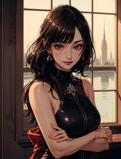 anime girl in a black dress standing by a window