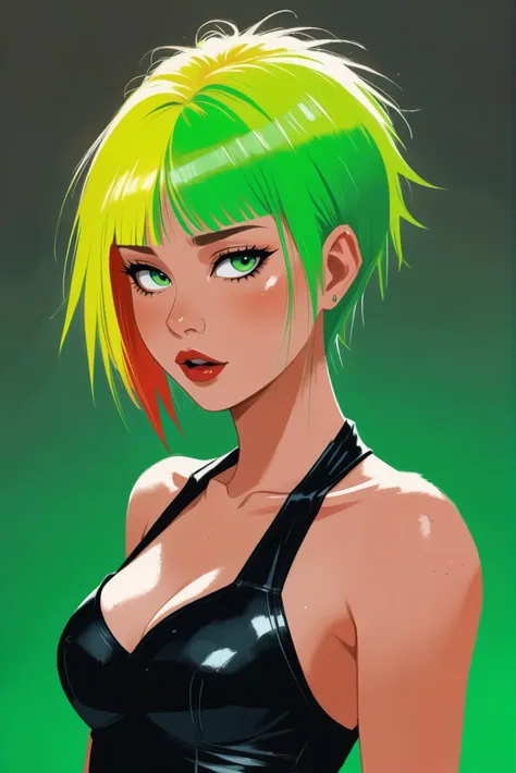 a woman with green hair and a black top is posing