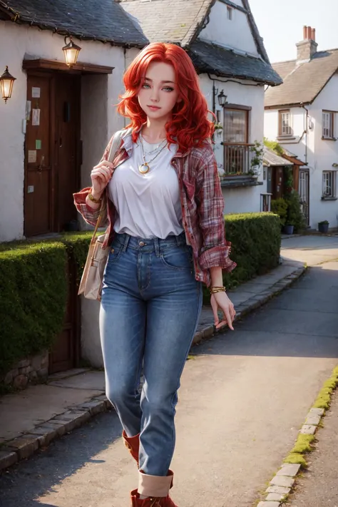 In a picturesque Irish village, there's Emily McEvoy, a woman with cherry red hair, embodying the spirit of Ireland. She wears a...