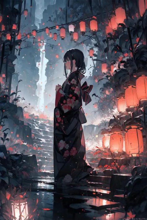 (masterpiece:1.2), best quality,PIXIV,
1girl, solo, black hair, lantern, water, standing, japanese clothes, outdoors, night, kim...