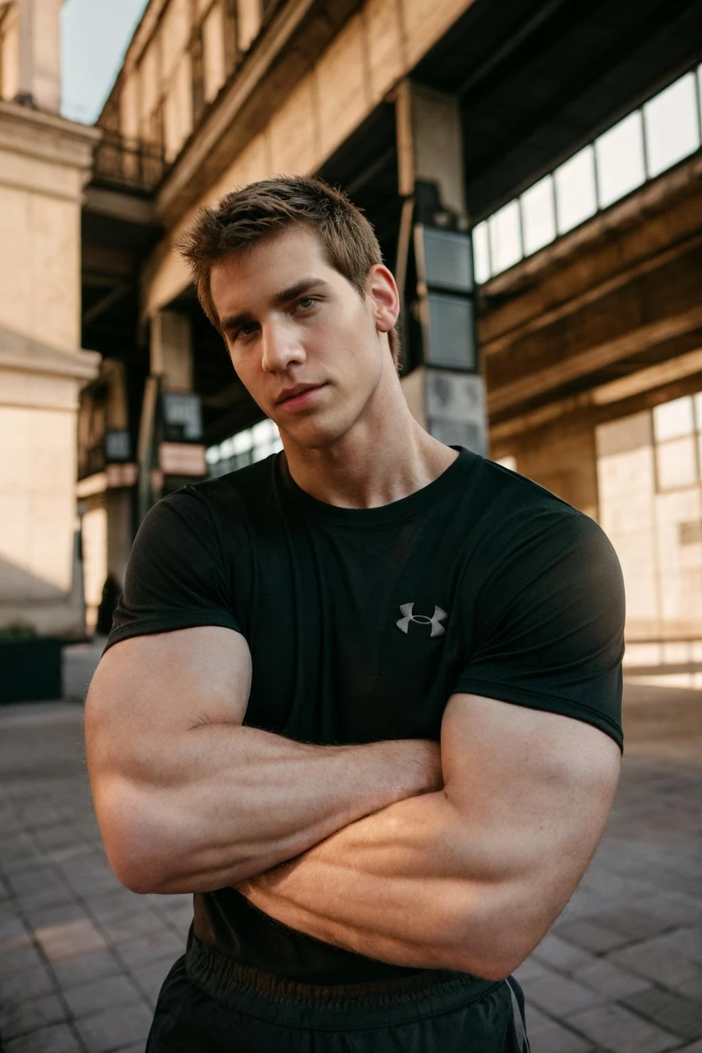 medium shot photo of kris_evans wearing a black Under Armour athletic t-shirt, Budapest urban setting, natural morning light, softbox lighting, strong approachable mood, skin texture, fabric texture, modern yet still traditional, upper body strength, relaxed posture, rustic urban backdrop