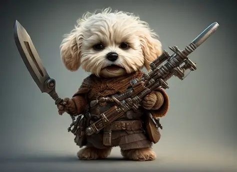 dog with weapons in hand, fantasy, dreamlike, surrealism, super cute, trending on artstation, best quality, 4k, 8k, ultra highre...