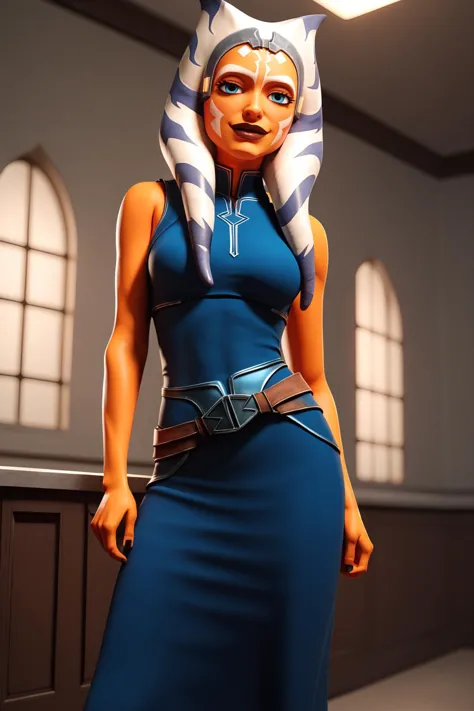 a woman in a blue dress and a star wars mask