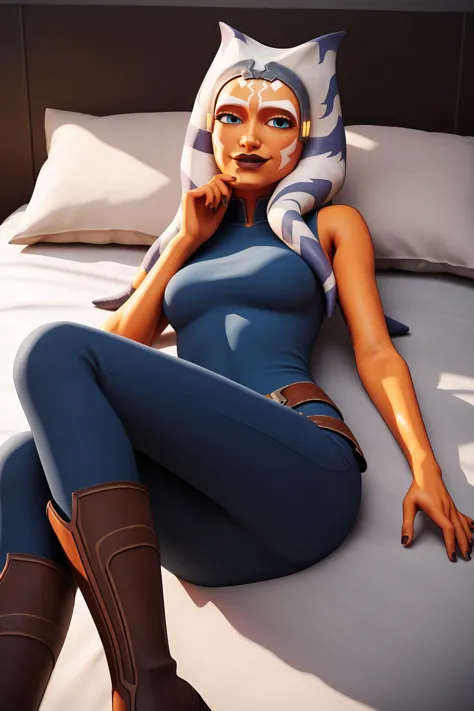 a close up of a woman in a star wars outfit laying on a bed