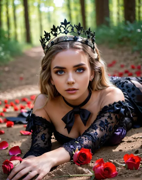 <lora:RsmDawnXL_V1:1>, A gothic girl in a dress, dress is tied in the front,  a crown of flowers, laying on the ground in a forest, (rose pedals in the dirt:1.1), beautiful expressive detailed eyes.  35mm photograph, film, bokeh, professional, 4k, highly detailed dynamic lighting, photorealistic, 8k, raw, rich, intricate details, key visual, vivid colors