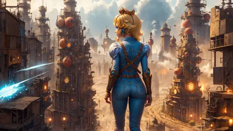 <lora:AetherPunkAI:0.5> ,<lora:PrincessPeachMovie:1>,princess peach,AetherPunkAI Jumpsuit,detailed,intricate,steampunk city back...