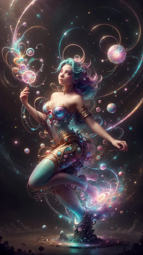 a beautiful whimsical woman standing under a multi-colored binary blackhole with an accretion disc, casting magic, glowing trail...