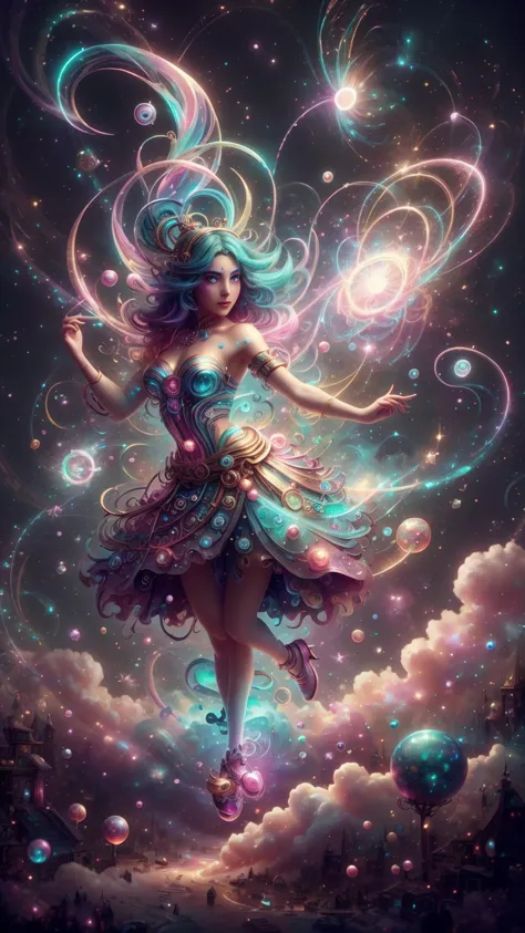 a beautiful whimsical woman standing under a multi-colored binary blackhole with an accretion disc, casting magic, glowing trail...