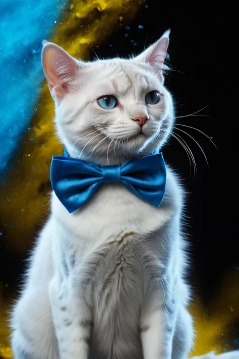 there is a white cat with a blue bow tie sitting on a table