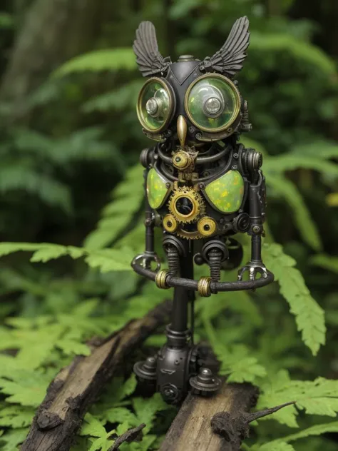 there is a small metal robot with green eyes on a tree stump