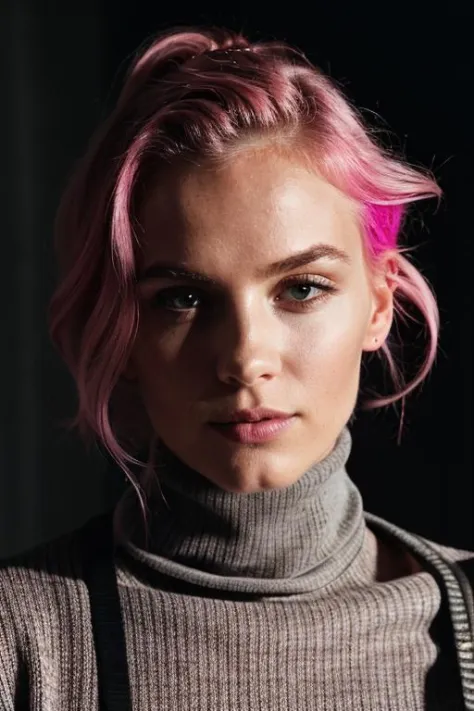 pink hair, 1girl, wearing a turtleneck sweater, professional, photography, excellent lighting, impeccable, precision, rich color...