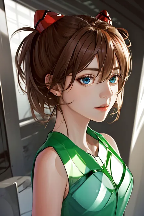 anime girl with blue eyes and a green dress