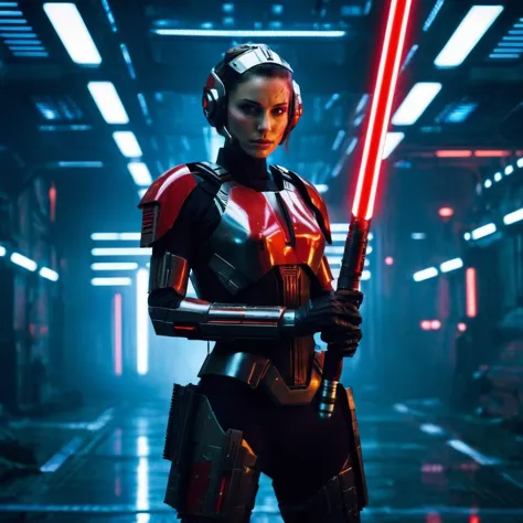Photo of a female soldier in the year 2436 with futuristic cybernetic enhancements holding a red lightsaber, dystopian backgroun...