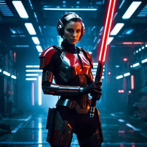 Foto de uma soldado feminina no ano de 2436 com aprimoramentos cibernéticos futuristas segurando um sabre de luz vermelho, Antecedentes distópicos,   natxportman,  