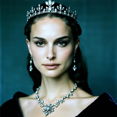 (textura da pele),Foto de retrato de rosto fechado de alta qualidade, analógico, grão de filme, atriz vestida como uma rainha medieval com uma delicada tiara de diamantes,régio,   natxportman,  