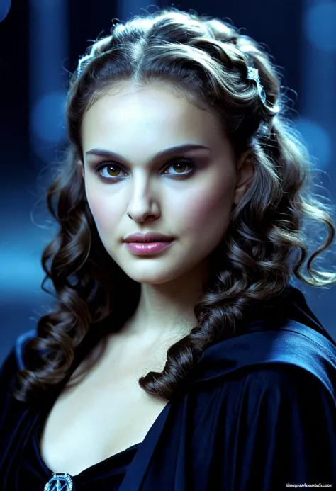 natxportman,beautiful young woman as Padmé Amidala from star wars,wearing a black cloak with glowing white outline,medium_shot,s...