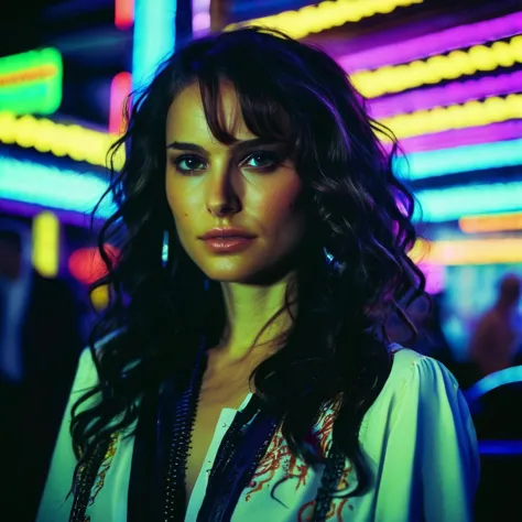 a woman standing in front of neon lights in a dark room