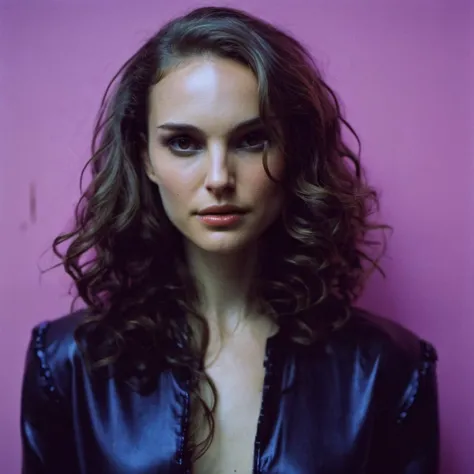 natxportman,Photo d&#39;une femme aux longs cheveux ondulés,portrait,Kodachrome, néon,cyberpunk,  