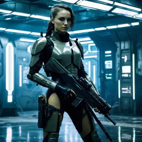 a woman in a futuristic suit holding a gun in a dark room