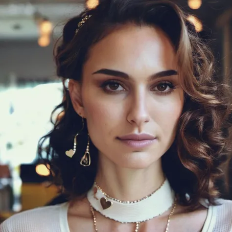 regardant droit vers la caméra, grain de film, Texture de la peau, Instagram closeup selFie oF a woman with beautiFul wavy hair wearing a heart necklace,F/1.8,porter une chemise à col roulé,   (natxportman),  