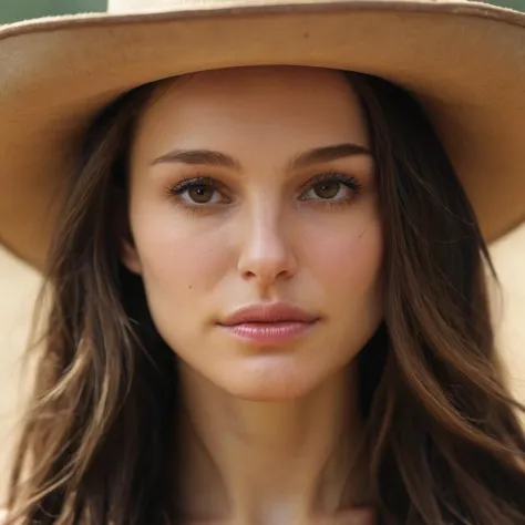 (natxportman), textura da pele, Sem maquiagem, Super high res closeup portrait photo oF a stunning young woman outdoors with long hair wearing a classic cowboy hat, conFident, F /2.8, Cânone, 85mm,cinematic, alta qualidade,olhando para o espectador, 