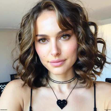 regardant droit vers la caméra, grain de film, Texture de la peau, Instagram closeup selFie oF a woman with beautiFul wavy hair wearing a heart necklace,F/1.8,porter une chemise à col roulé,   natxportman,  