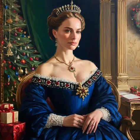 Oil painting of a Victorian queen during christmas time, natxportman,  <lora:natportman_gpt4_juggernautX_2_wocap-merger_21_65_83...