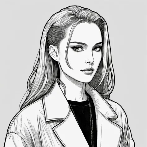 natxportman,((90s Anime style illustrattion)) drawing of a face of woman wearing a long matrix coat,2D,  <lora:natportman_smalle...