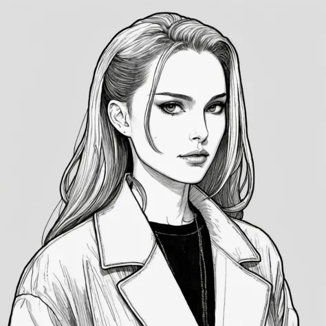 natxportman,((Illustration de style anime des années 90)) dessin d&#39;un visage de femme portant un long manteau matriciel,2j,  