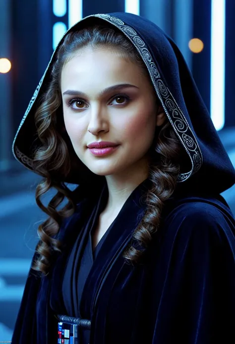 natxportman,beautiful young woman as Padmé Amidala from star wars,wearing a black cloak with glowing white outline,long curly br...